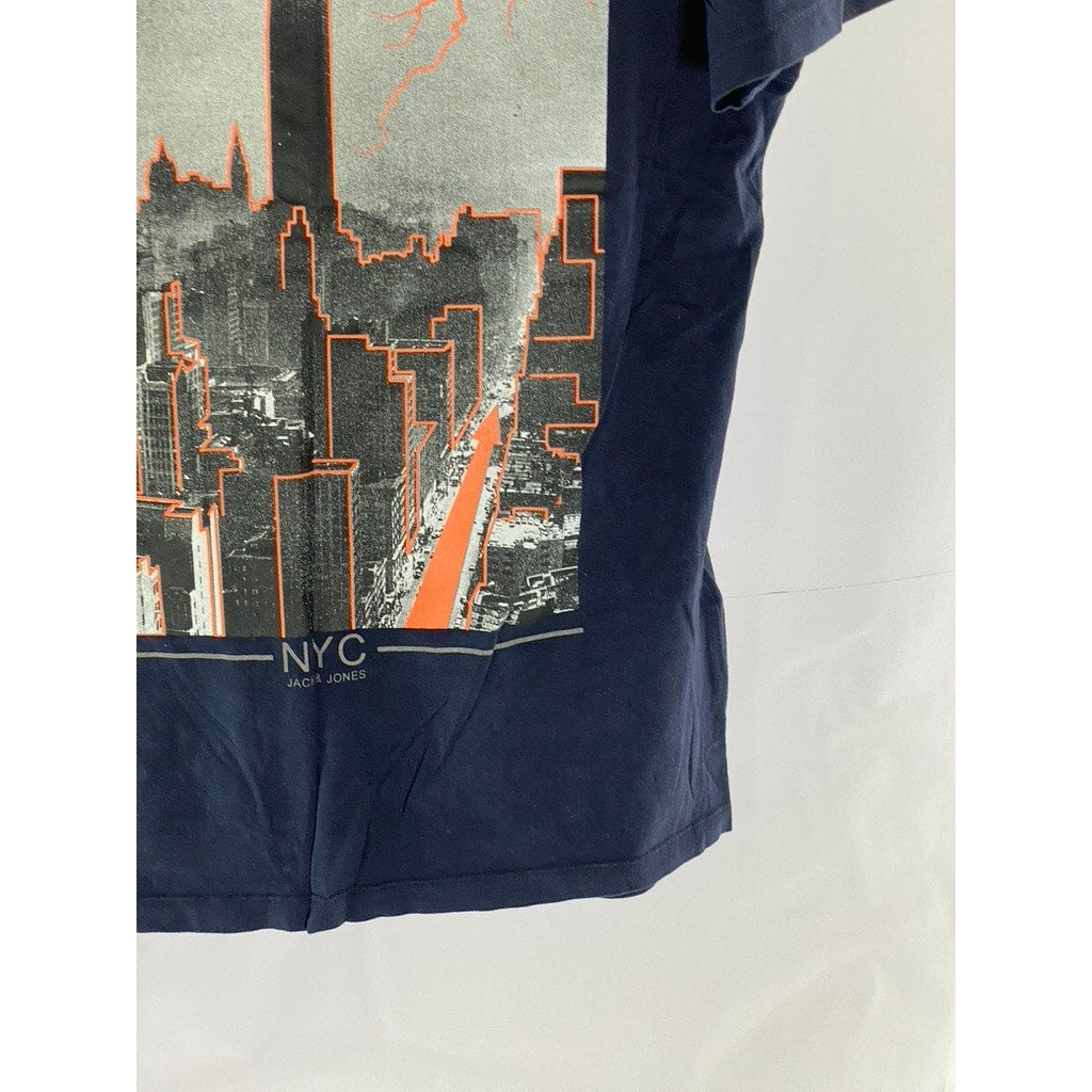 JACK & JONES Men's Navy Blazer Slim-Fit City Graphic Short Sleeve T-Shirt SZ L