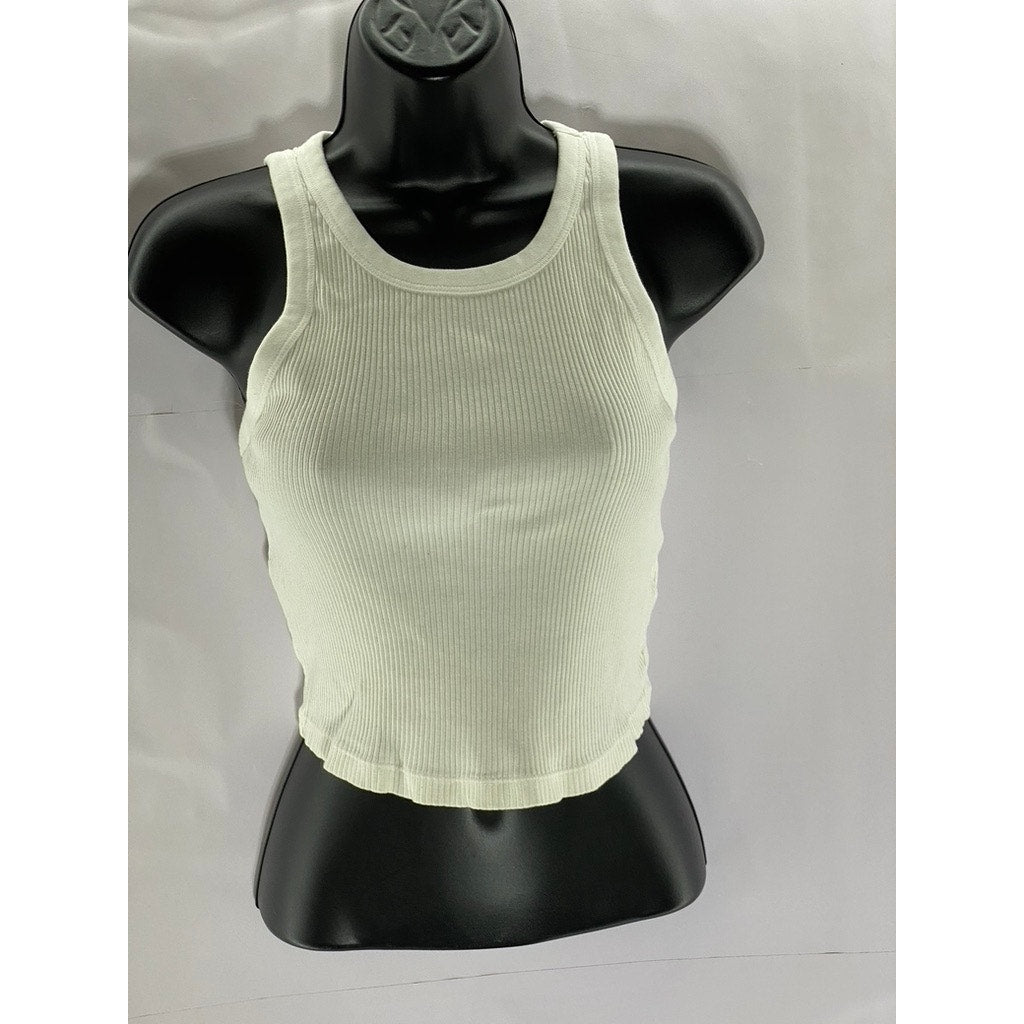 UNIQLO Women's White Stretch Ribbed Crewneck Sleeveless Cropped Tank Top SZ L