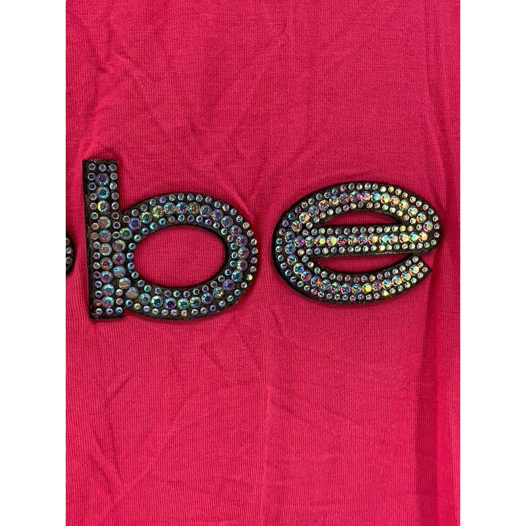 BEBE Women's Hot Pink Rhinestone Embellished Logo Short Sleeve Top SZ L