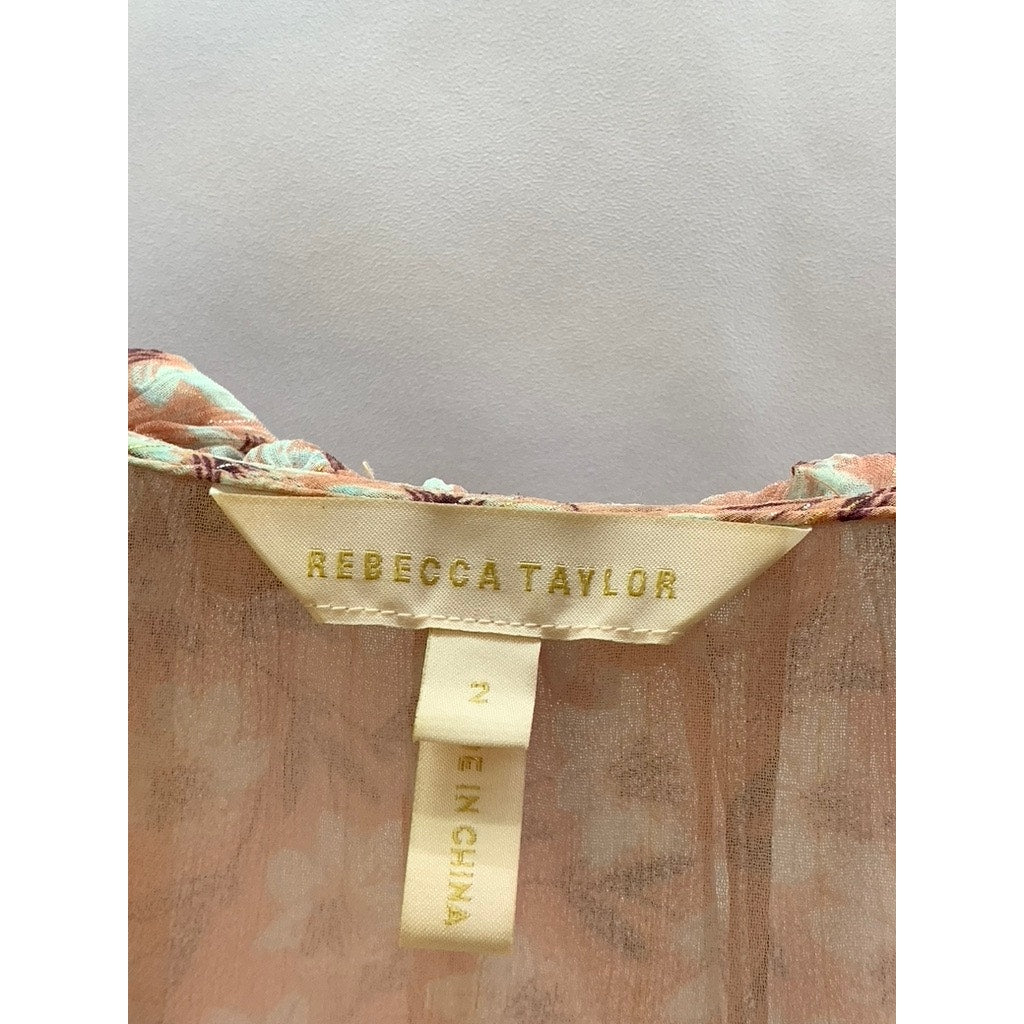REBECCA TAYLOR Women's Peach Floral Metallic V-Neck Ruffle Short Sleeve Top SZ 2