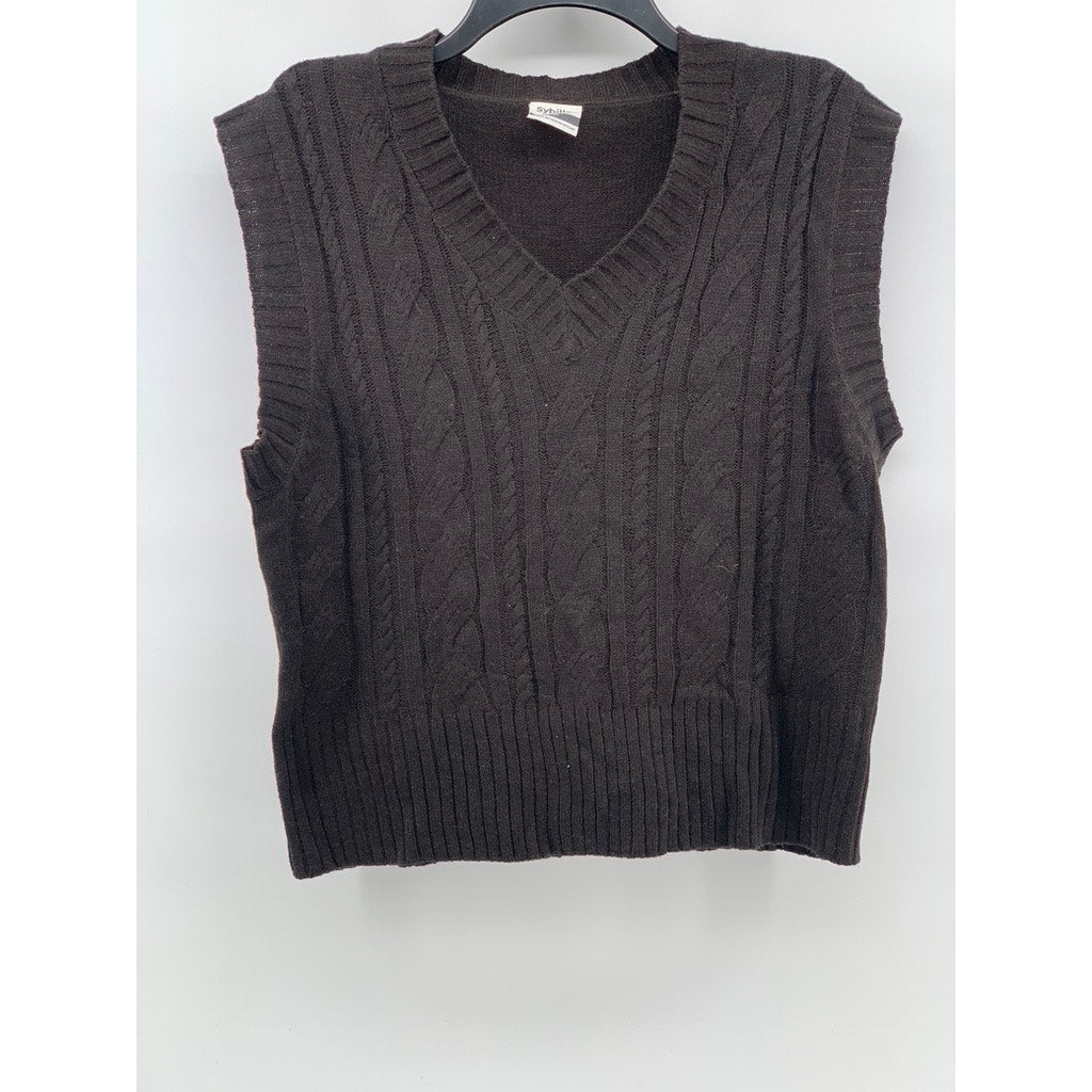 SYBILLA Women's Black V-Neck Cable-Knit Sleeveless Sweater Vest SZ M