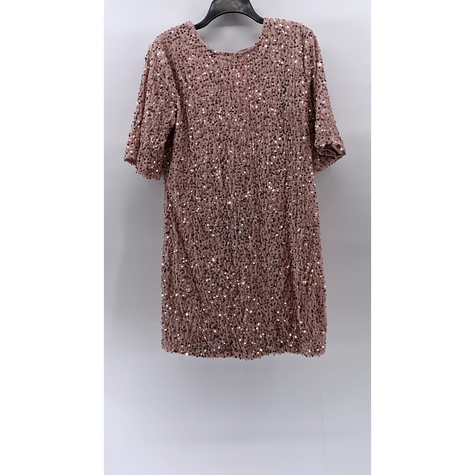 R. VIVIMOS Women's Pink Crewneck Sequin Open-Back Elbow Sleeve Mini Dress SZ L