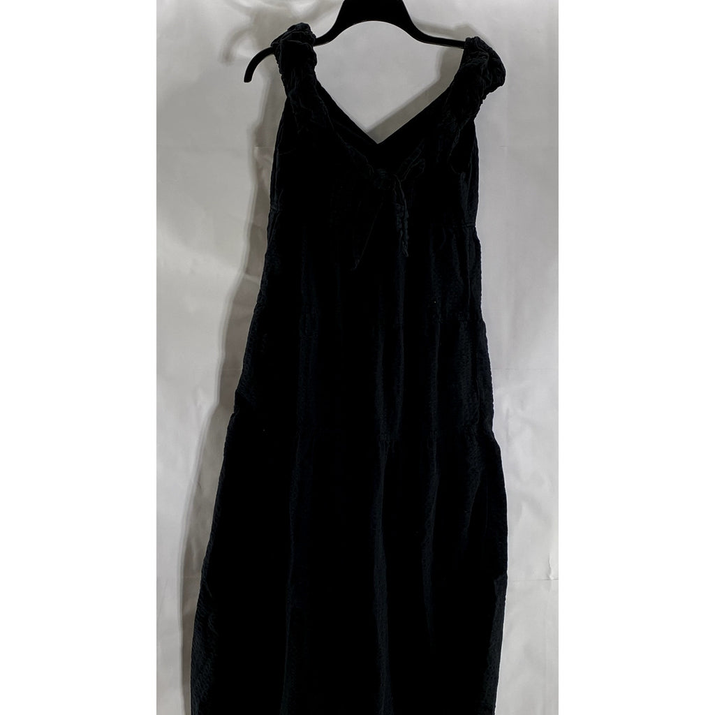 OLD NAVY Women's Black Solid V-Neck Ruffle-Sleeve Tie-Bust Tiered Maxi Dress SZM