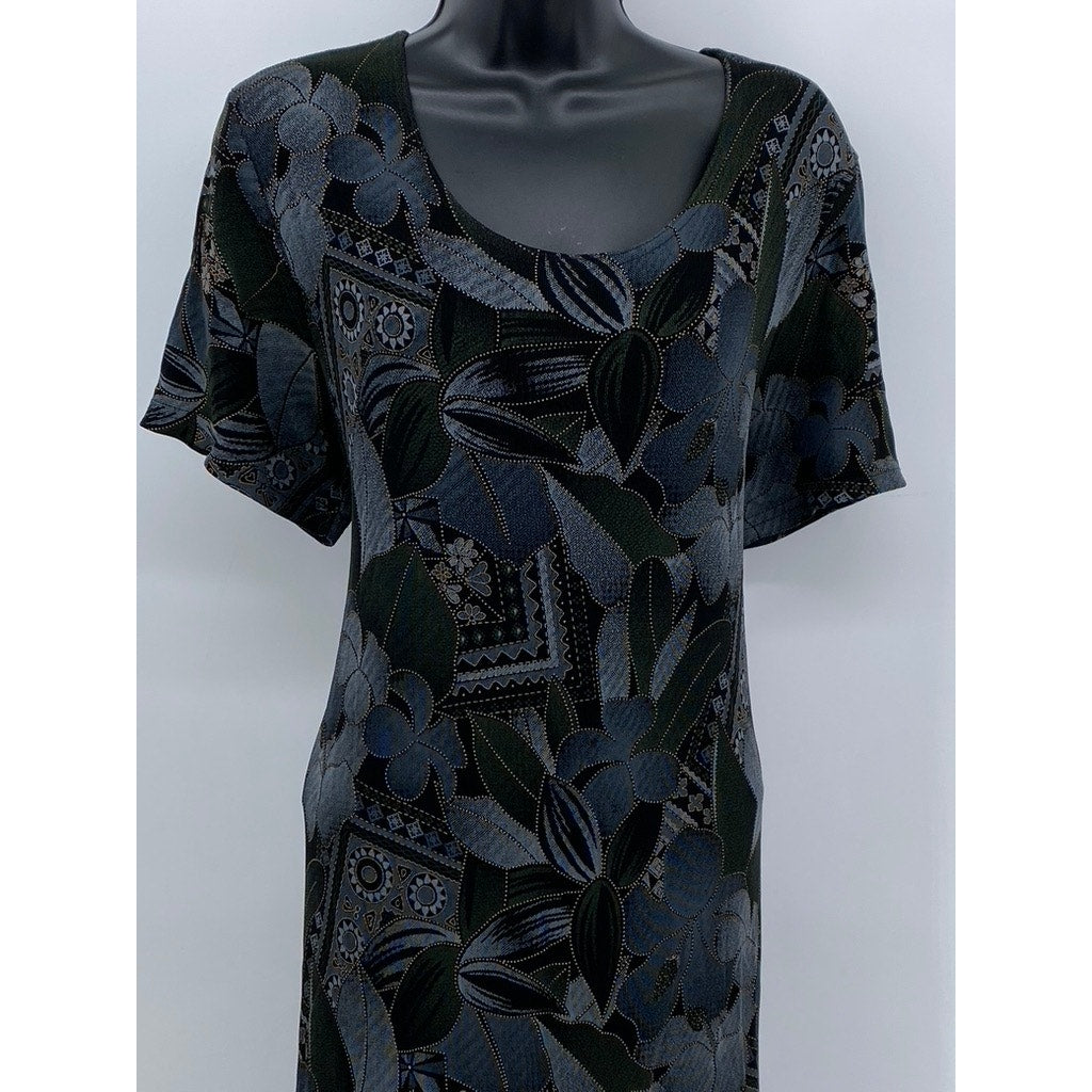 Vintage RIM Women's Blue Floral Geometric Maxi-Dress Made in USA
