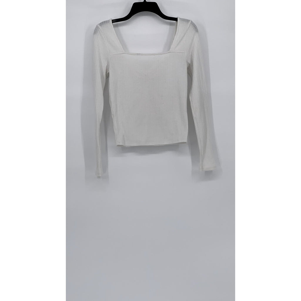 UNBRANDED Women's White Wide Rib V-Neck Long Sleeve Top SZ S