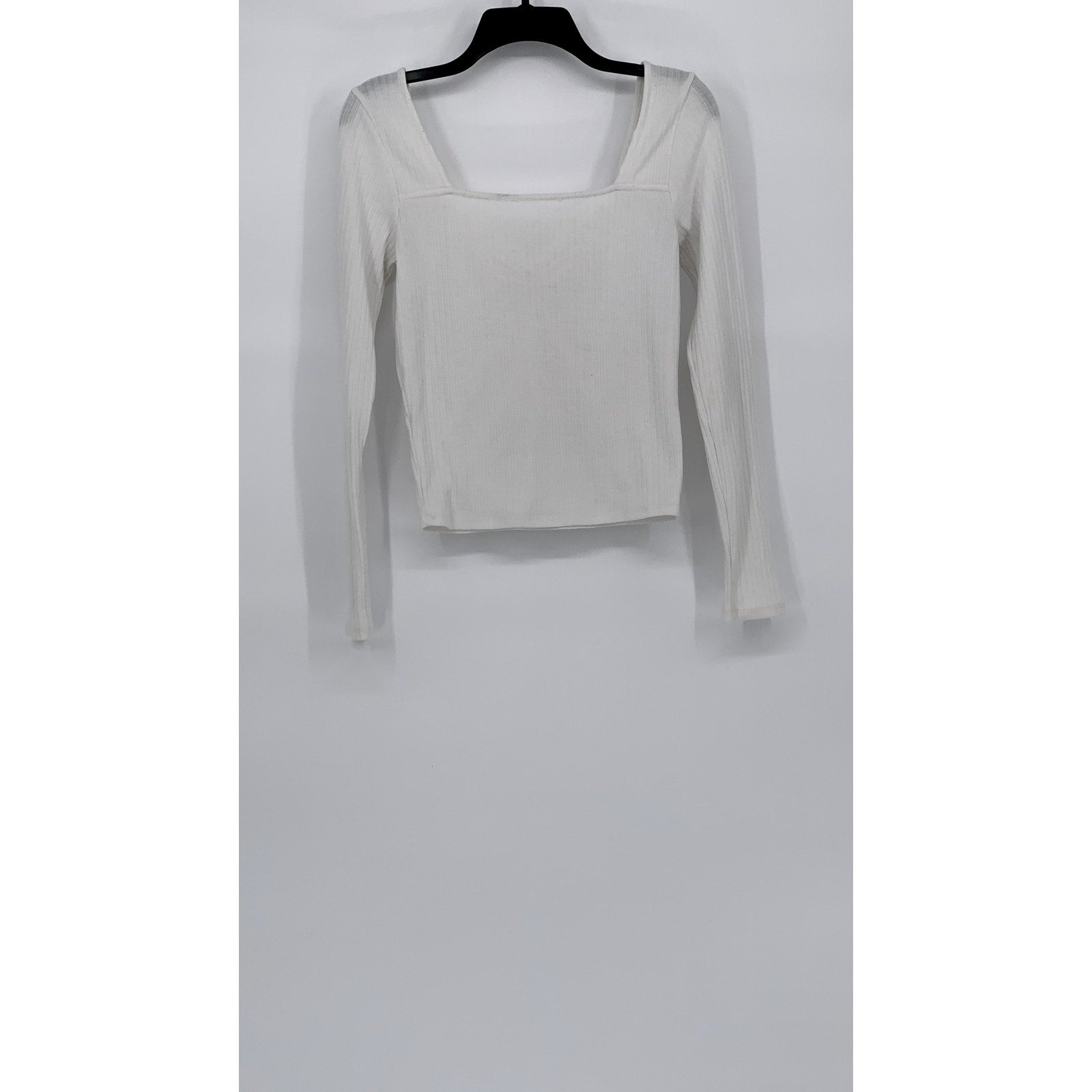 UNBRANDED Women's White Wide Rib V-Neck Long Sleeve Top SZ S