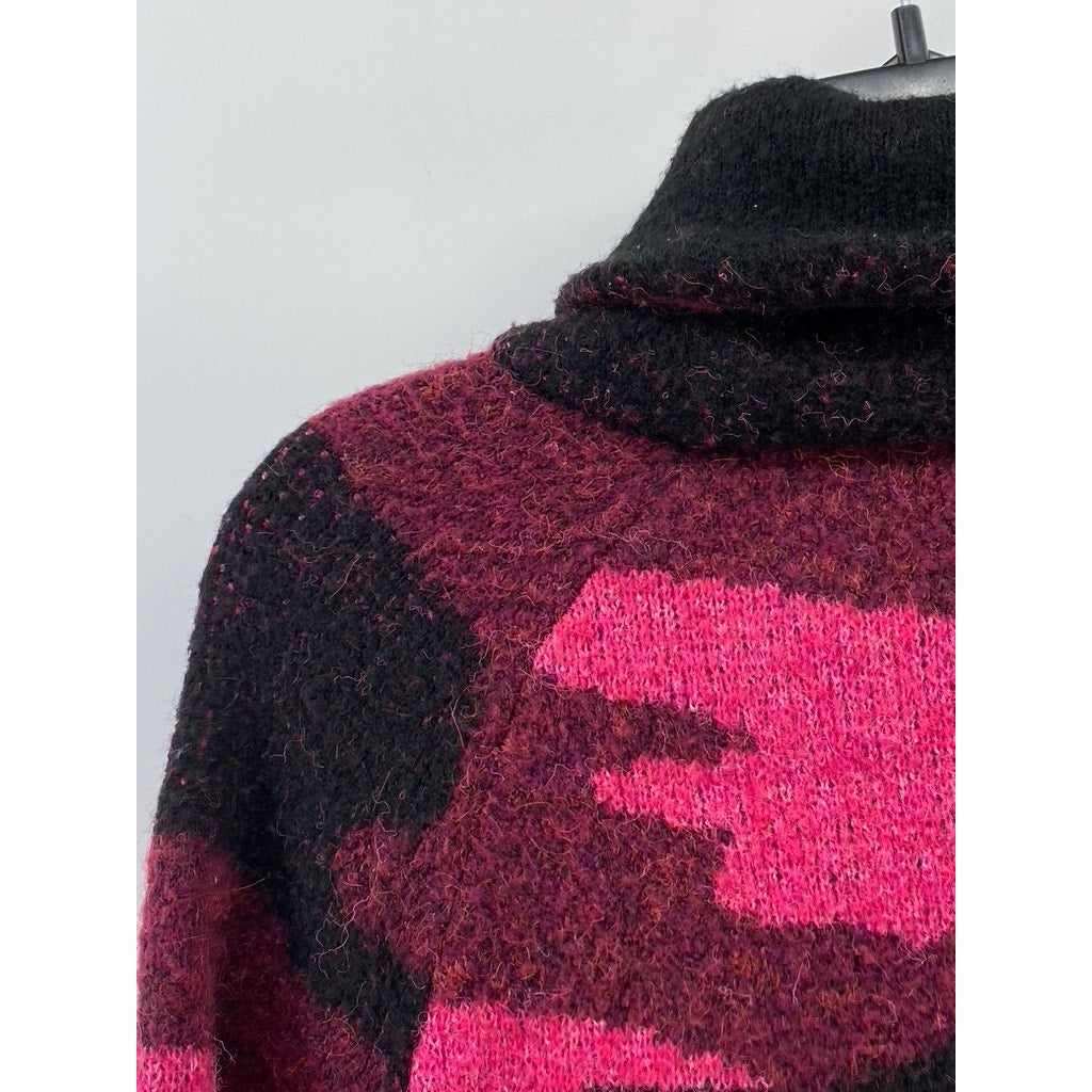 AQUA Women's Black-Pink Knit Camo Turtleneck Long Sleeve Pullover Sweater SZ M