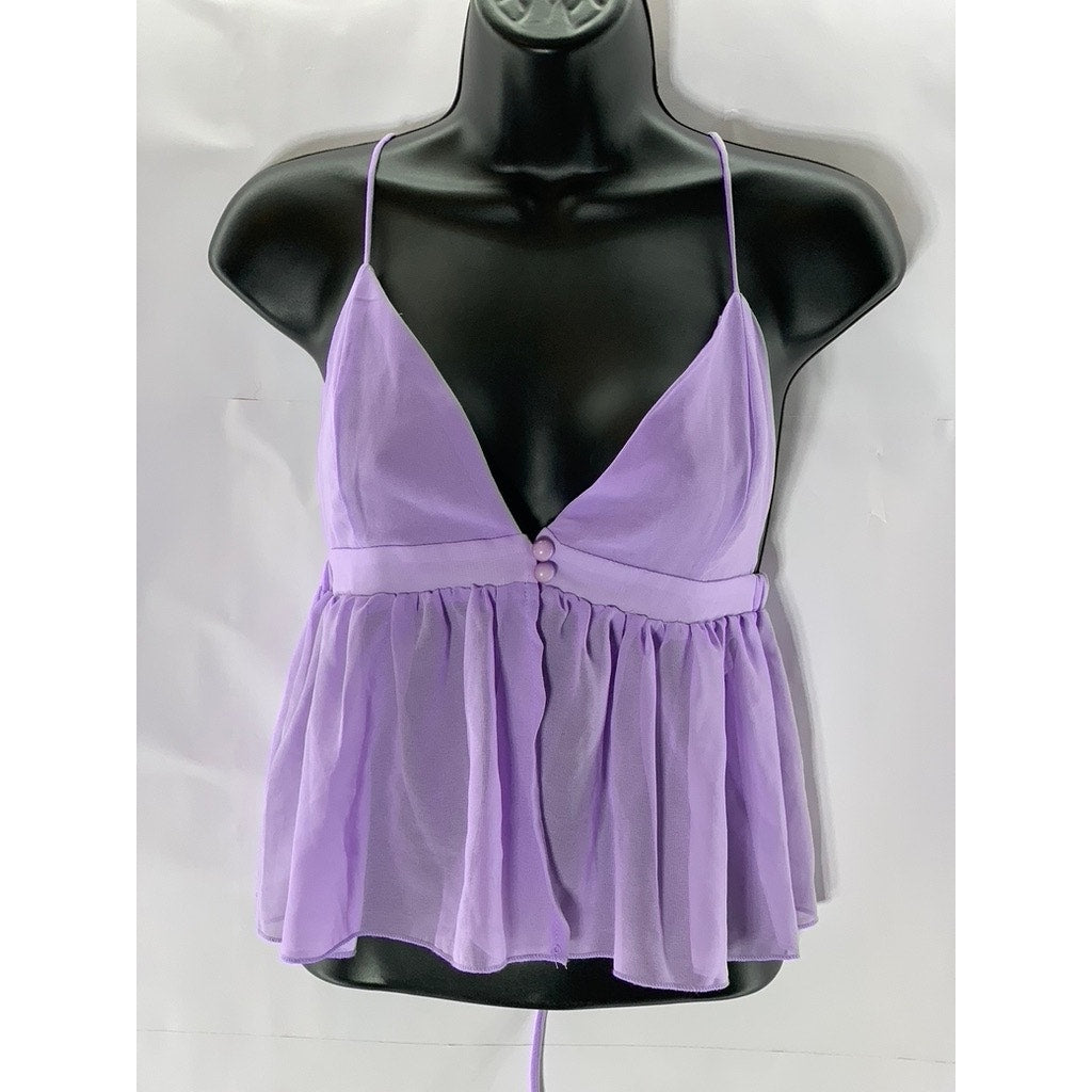 SHEIN Women's Purple Two-Button Sheer Ruffle-Hem V-Neck Spaghetti Strap Top SZ L