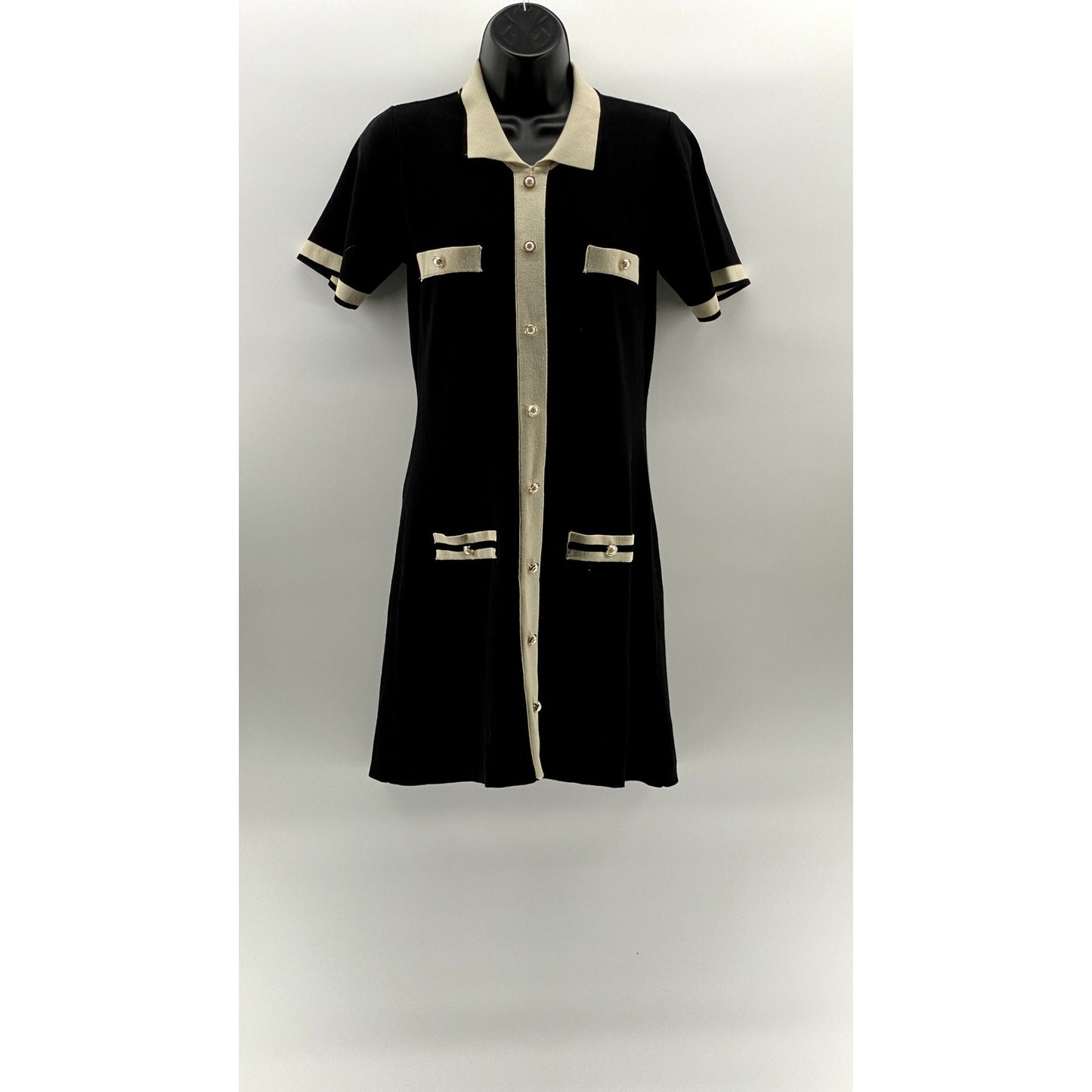 CIDER Women's Black-Beige Faux Pearl Button-Front Knit Mini Dress SZ S(US4)