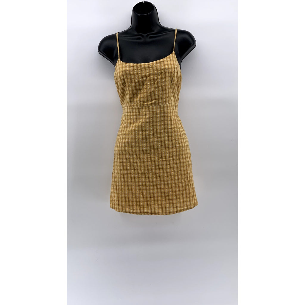 URBAN OUTFITTER Women's Mustard Yellow Emma Plaid Straight-Neck Mini Dress SZ 4