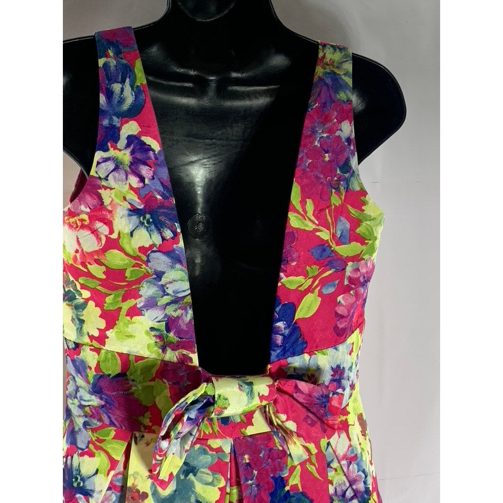 LUXXEL Women's Multicolor Floral Print V-Neck Back-Bow Pleated Mini Dress SZ L