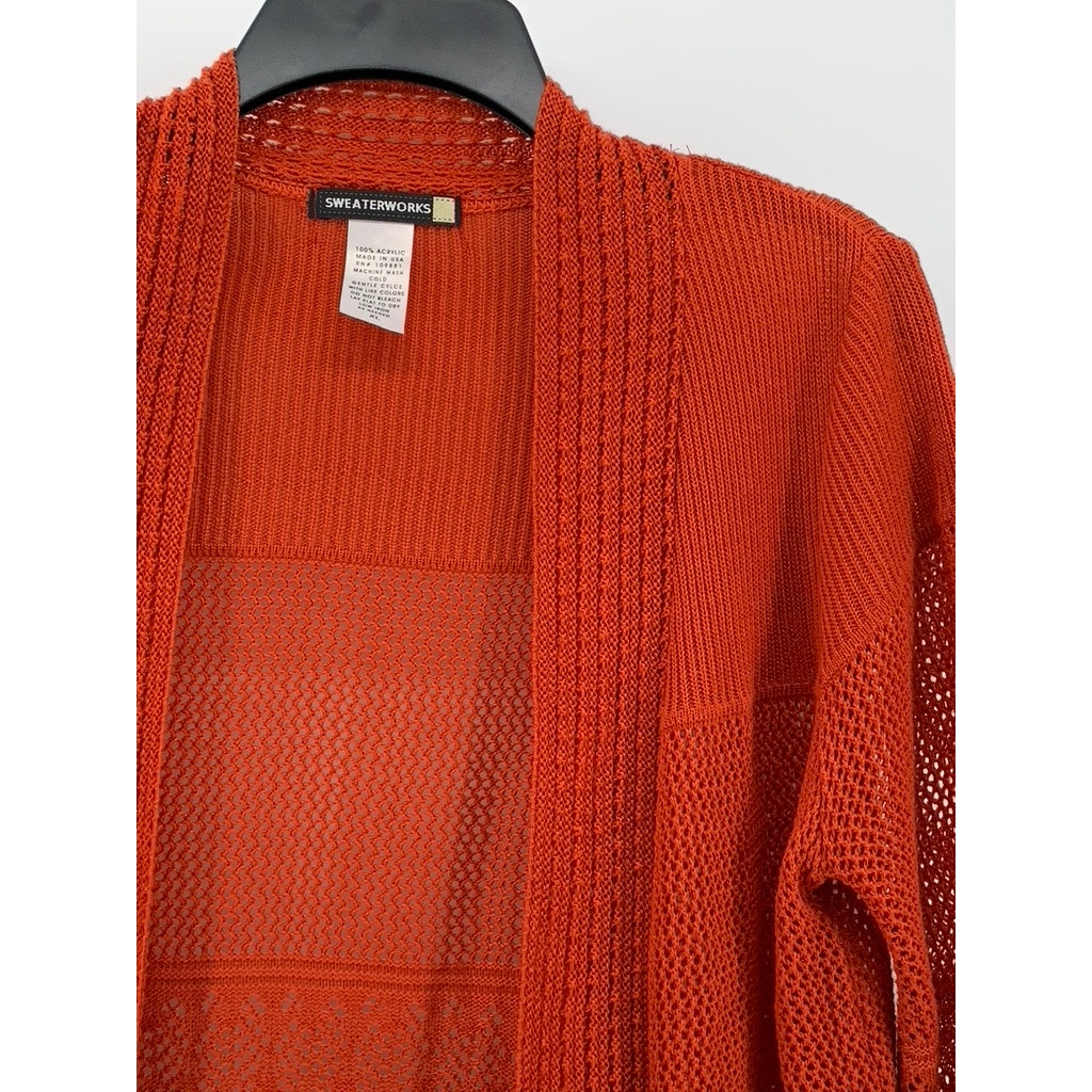 SWEATER WORKS Women's Orange Crochet Knit Open-Front Cardigan SZ XL