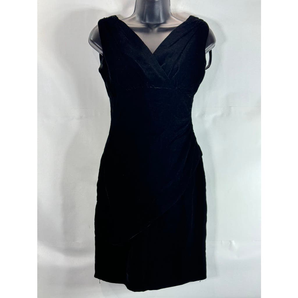 NICOLE MILLER Women's Black Velvet V-Neck Sleeveless Faux-Wrap Mini Dress SZ 4