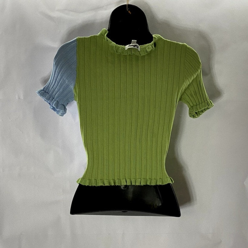 REDBERRY Women's Green/Blue Ribbed Button-Up Ruffle-Trim Short Sleeve Top SZ S/M