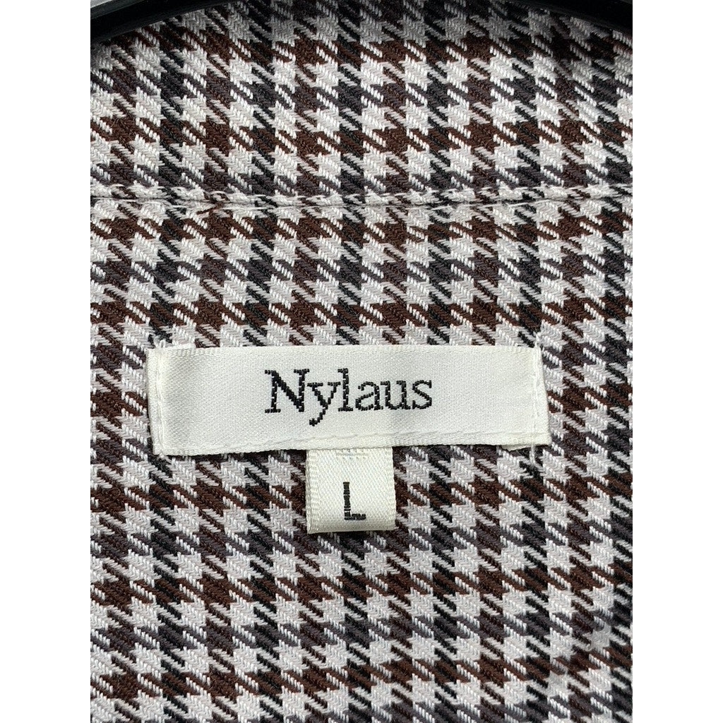 NYLAUS Men's Brown-Black Houndstooth Print Button-Up Rare Vintage Shirt SZ L
