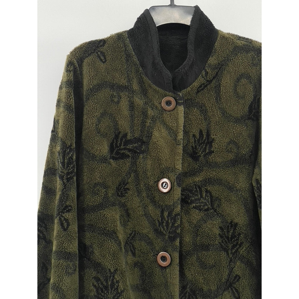 MARALYCE FERREE Women's Olive Green-Black Fleece Floral Print Button-Up Coat SZL