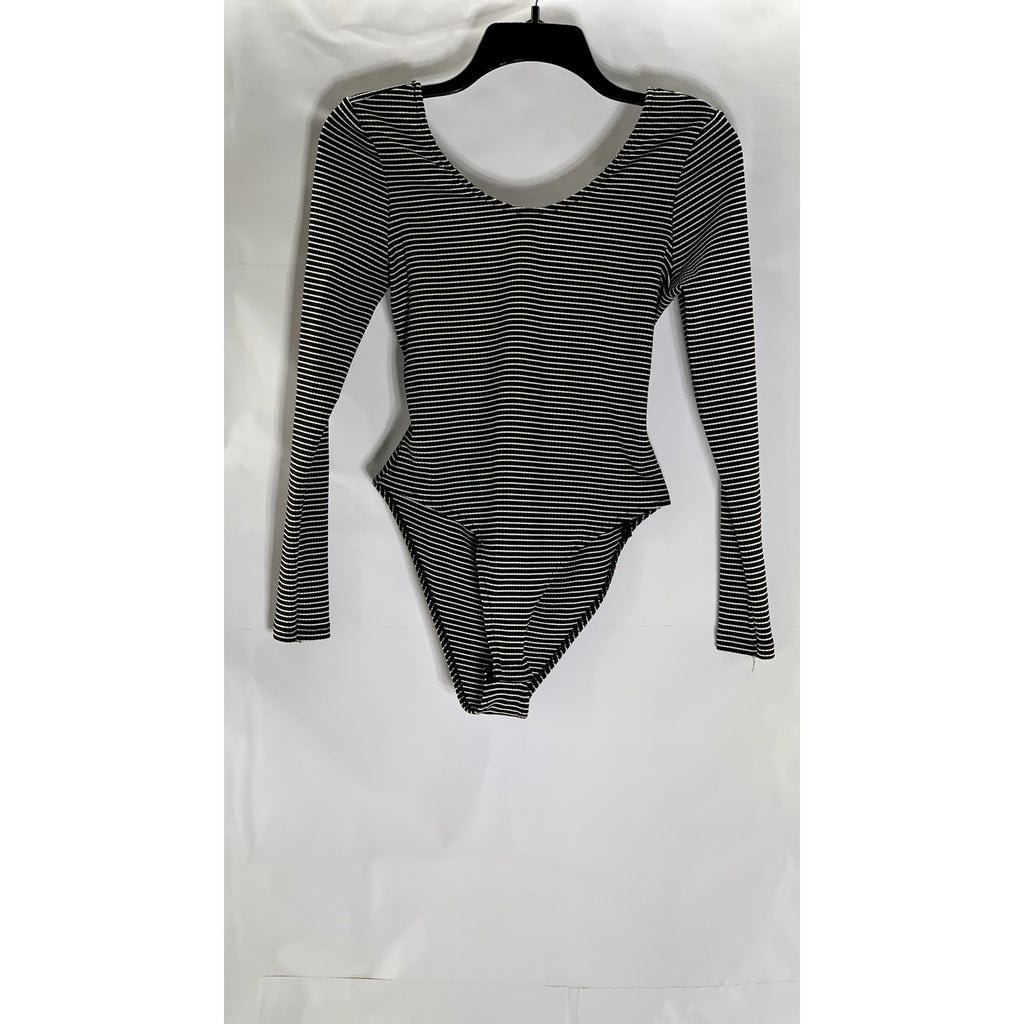 TOPSHOP Women's Black-White Striped Tie-Back Bow Long Sleeve Bodysuit SZ 8