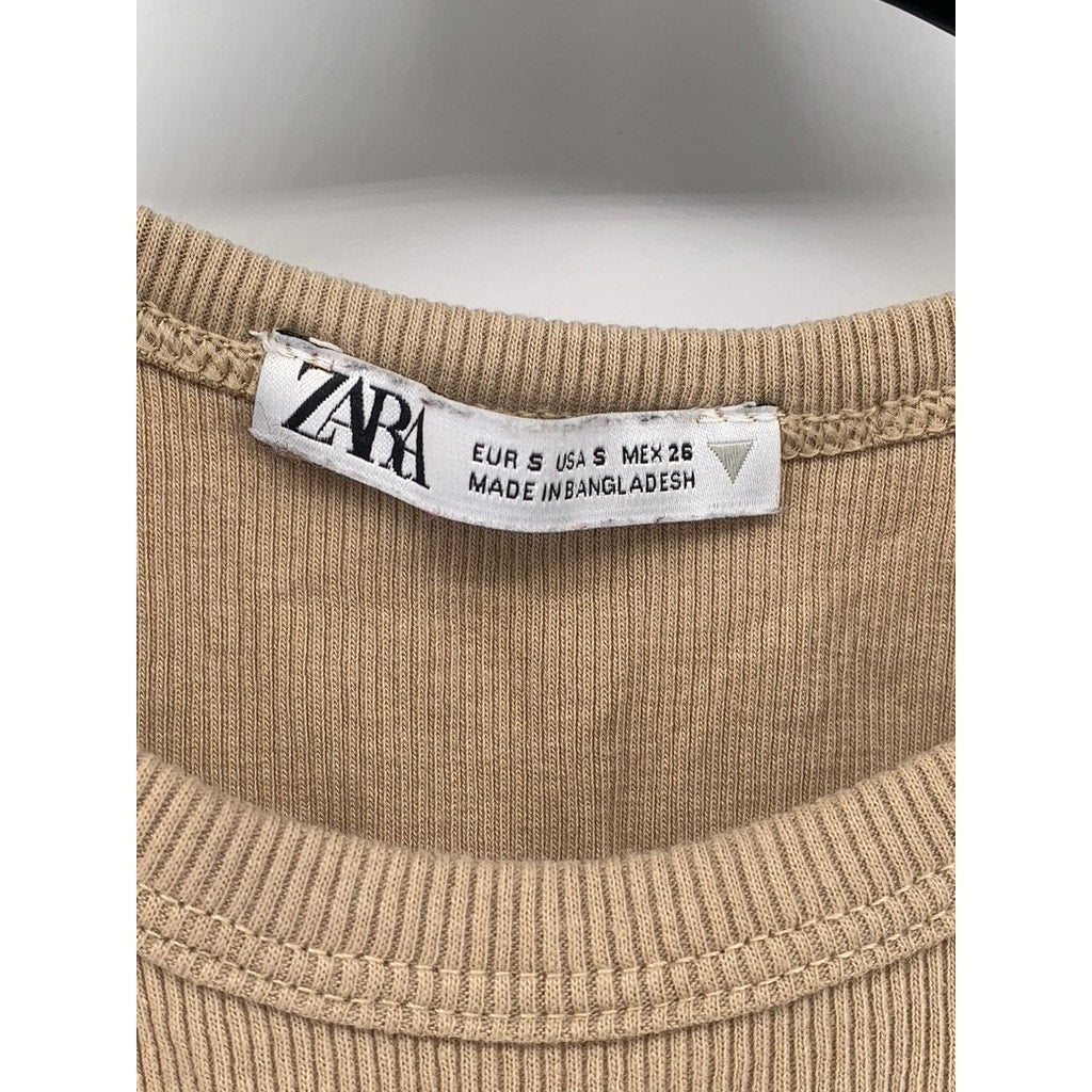 ZARA Women's Tan Rib Knit Casual Crewneck Sleeveless Cropped Top SZ S
