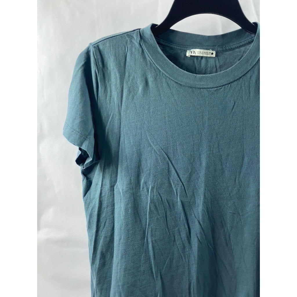 ZARA Women's Blue Solid Crewneck Short Sleeve Casual Cotton Top SZ M