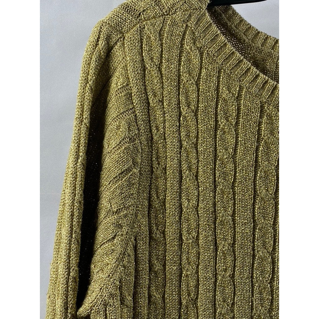 LAUREN RALPH LAUREN Women's Brown Metallic Silk-Blend Cable Knit Sweater SZ L
