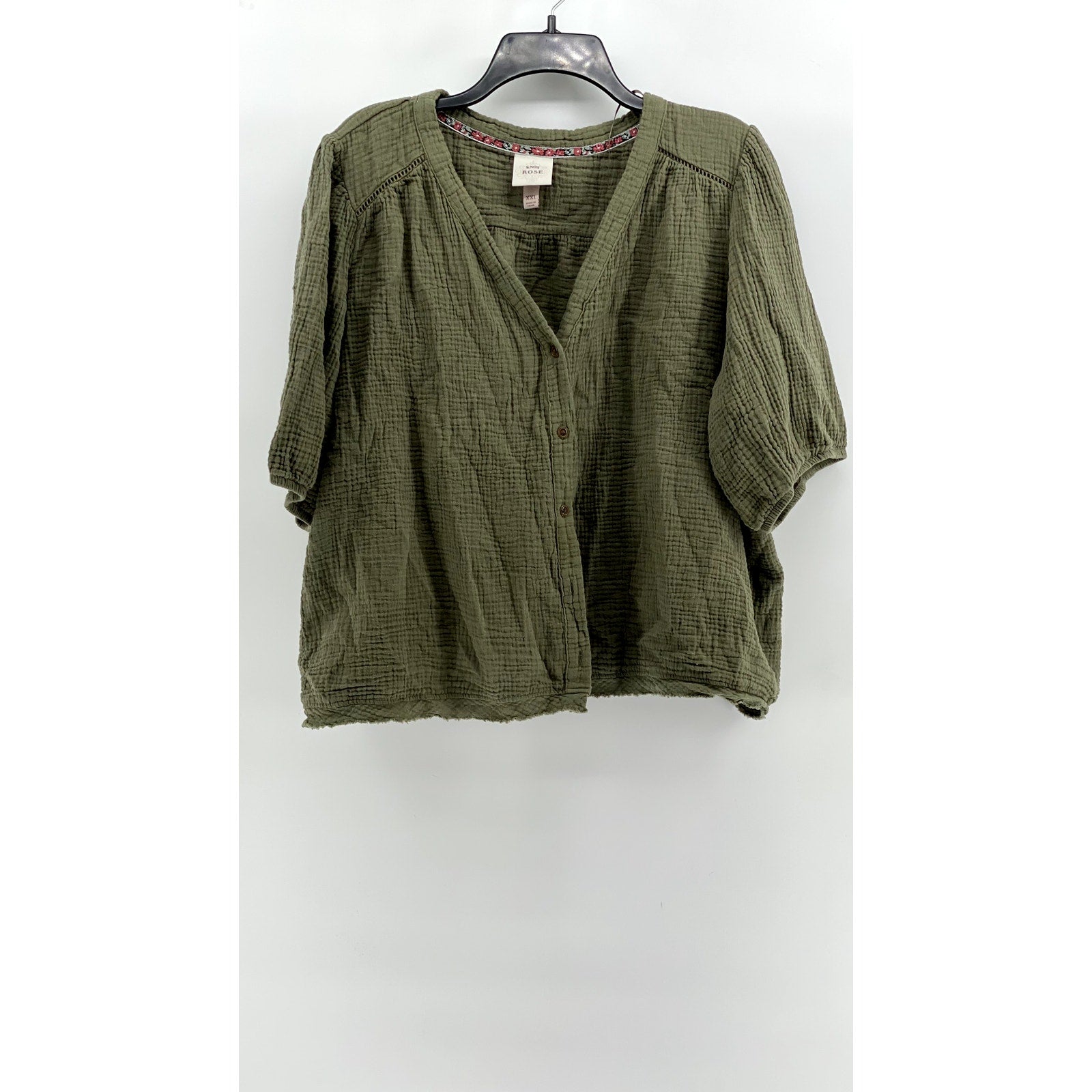KNOX ROSE Women's Olive Green Gauze Elbow Sleeve Button-Up Top SZ 2XL