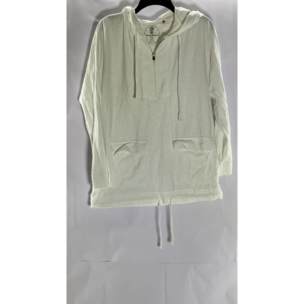 TOMMY BAHAMA Women's White Solid Quarter-Zip Hooded Drawstring Hem Sweater SZ M