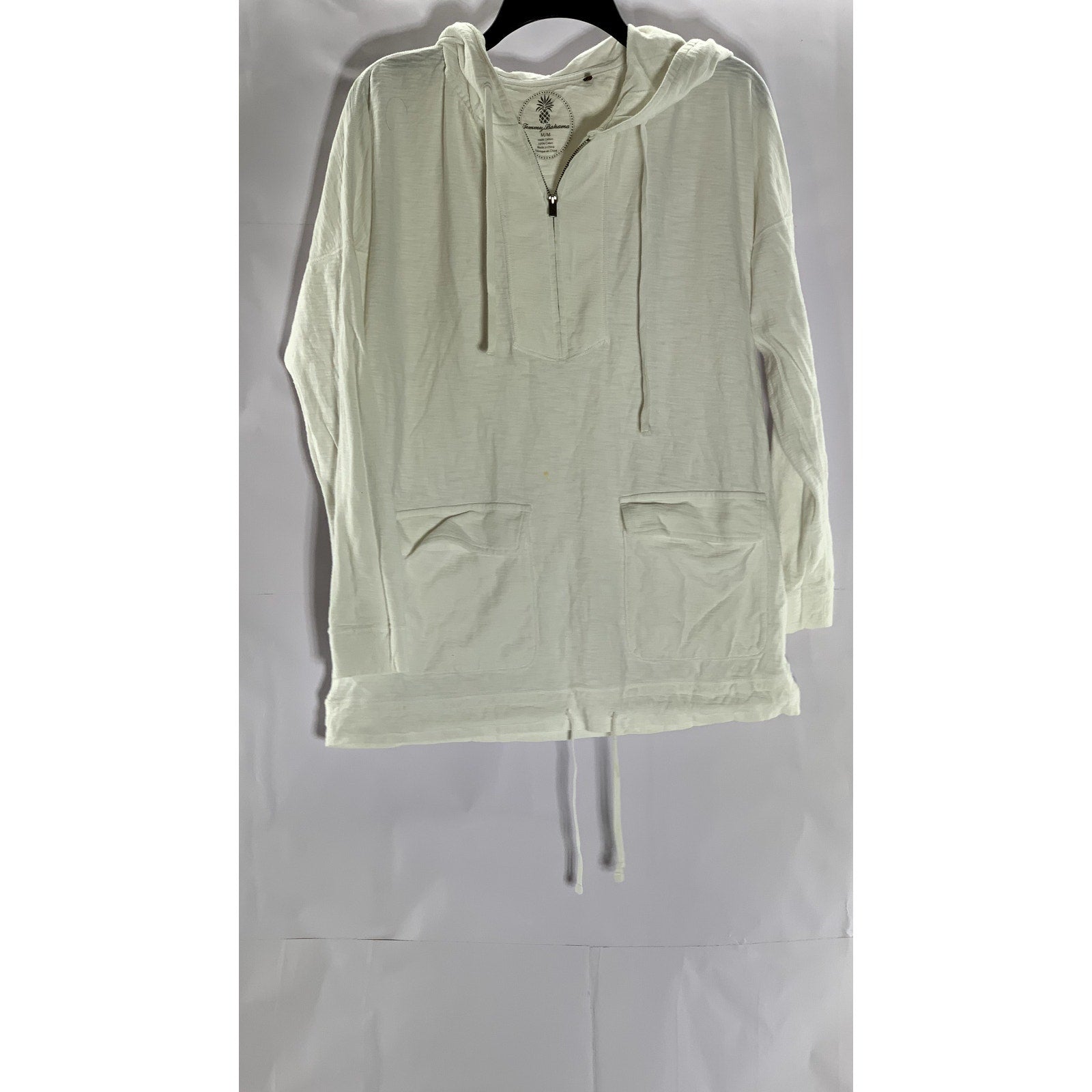 TOMMY BAHAMA Women's White Solid Quarter-Zip Hooded Drawstring Hem Sweater SZ M