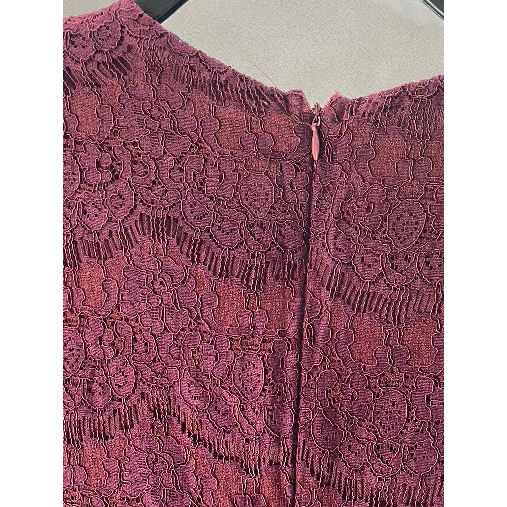LULUS Women’s Burgundy Crewneck Take Me To Lunch Lace Short Sleeve Dress SZ S