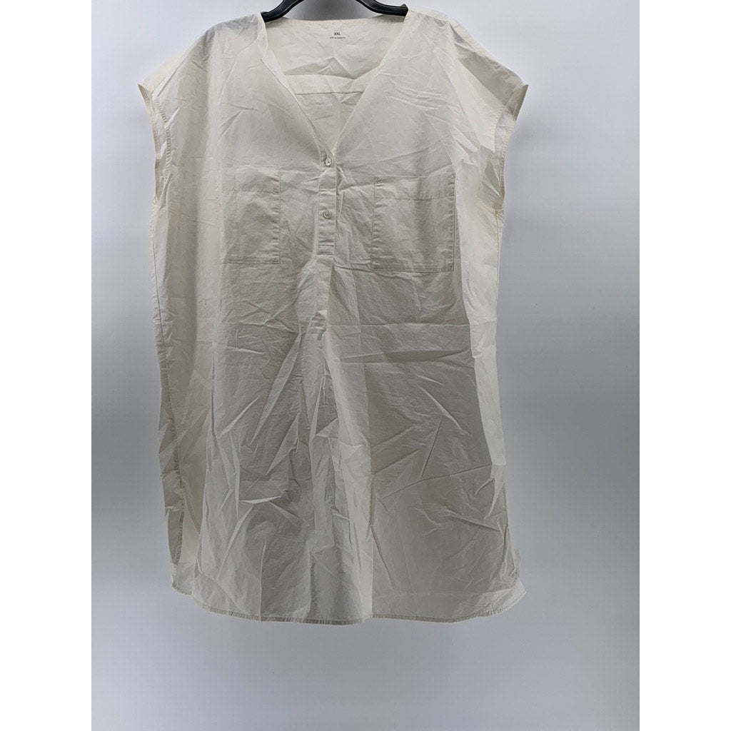 MUJI Women's Off-White V-Neck Henley Sleeveless Chest Pockets A-Line Dress SZ M