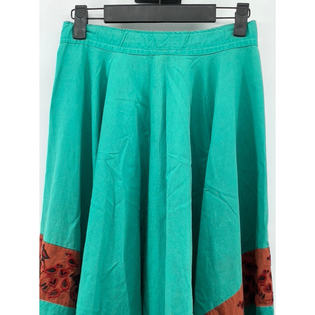 SANDEZE ROBERTS Women's Aqua Blue Embroidered Vintage Swing Midi Skirt SZ 16