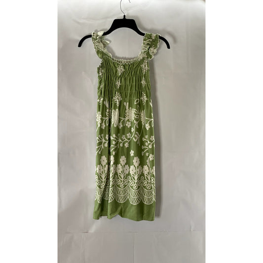UNBRANDED Women's Green/White Floral Smocked Ruffle Sleeve Mini Dress SZ S