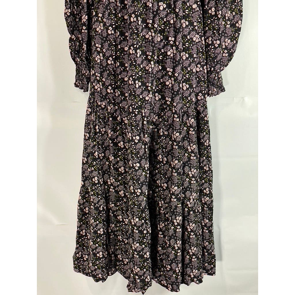 BODEN Women's Black Multi Floral Smocked Tiered Long Sleeve Midi Dress SZ 8R