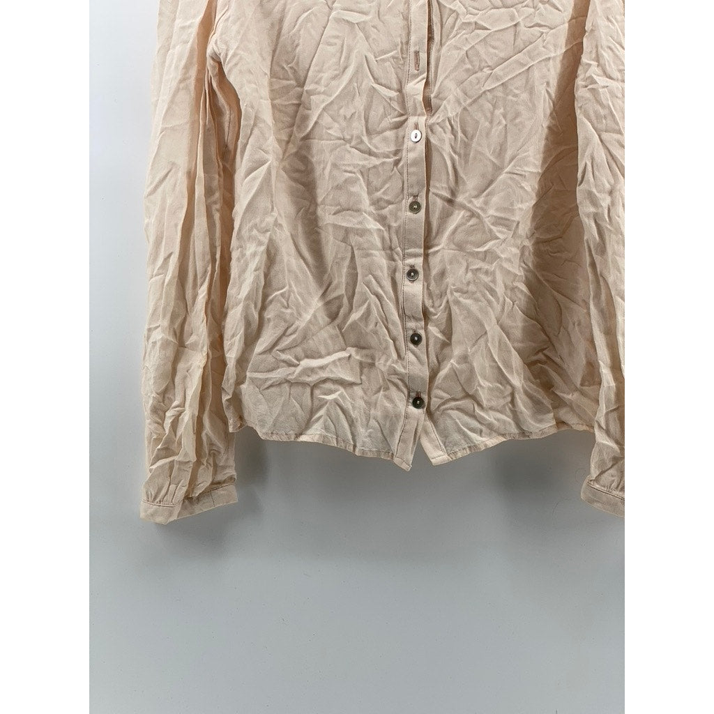 SHUMAQ Women's Light Pink Collarless Ruffle Button-Up Long Sleeves Top SZ S