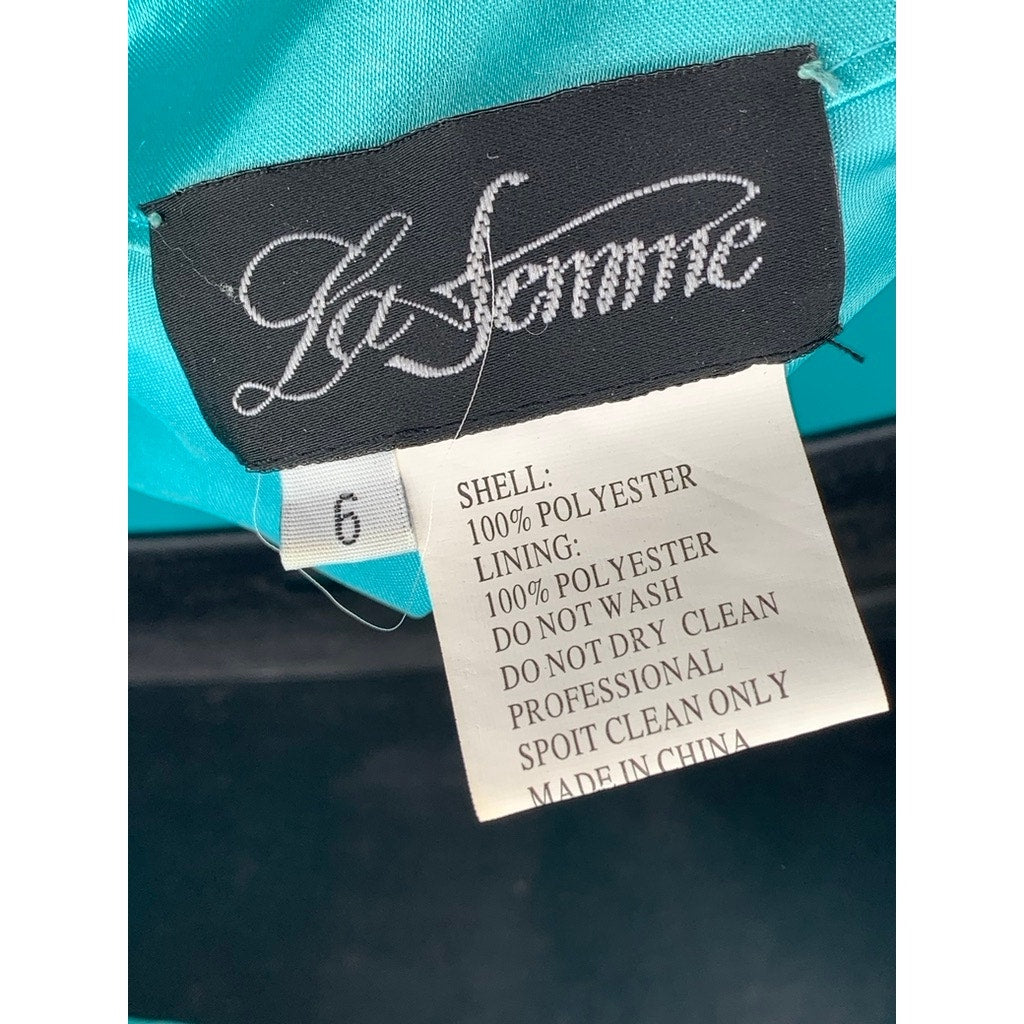 LA FEMME Women's Blue Rhinestone Strappy-Back Strapless Gown SZ 6