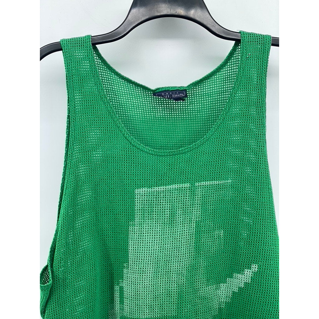 BASIC EDITIONS Women's Green Mesh Scoop-Neck Swoosh Logo Tank Top SZ L