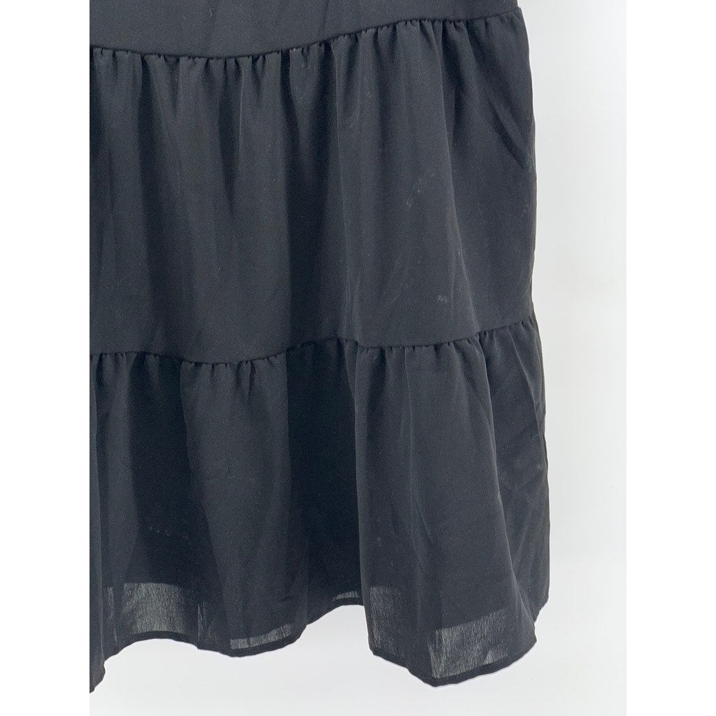 UNBRANDED Women's Black Solid V-Neck Tiered A-Line Mini Skirt SZ L