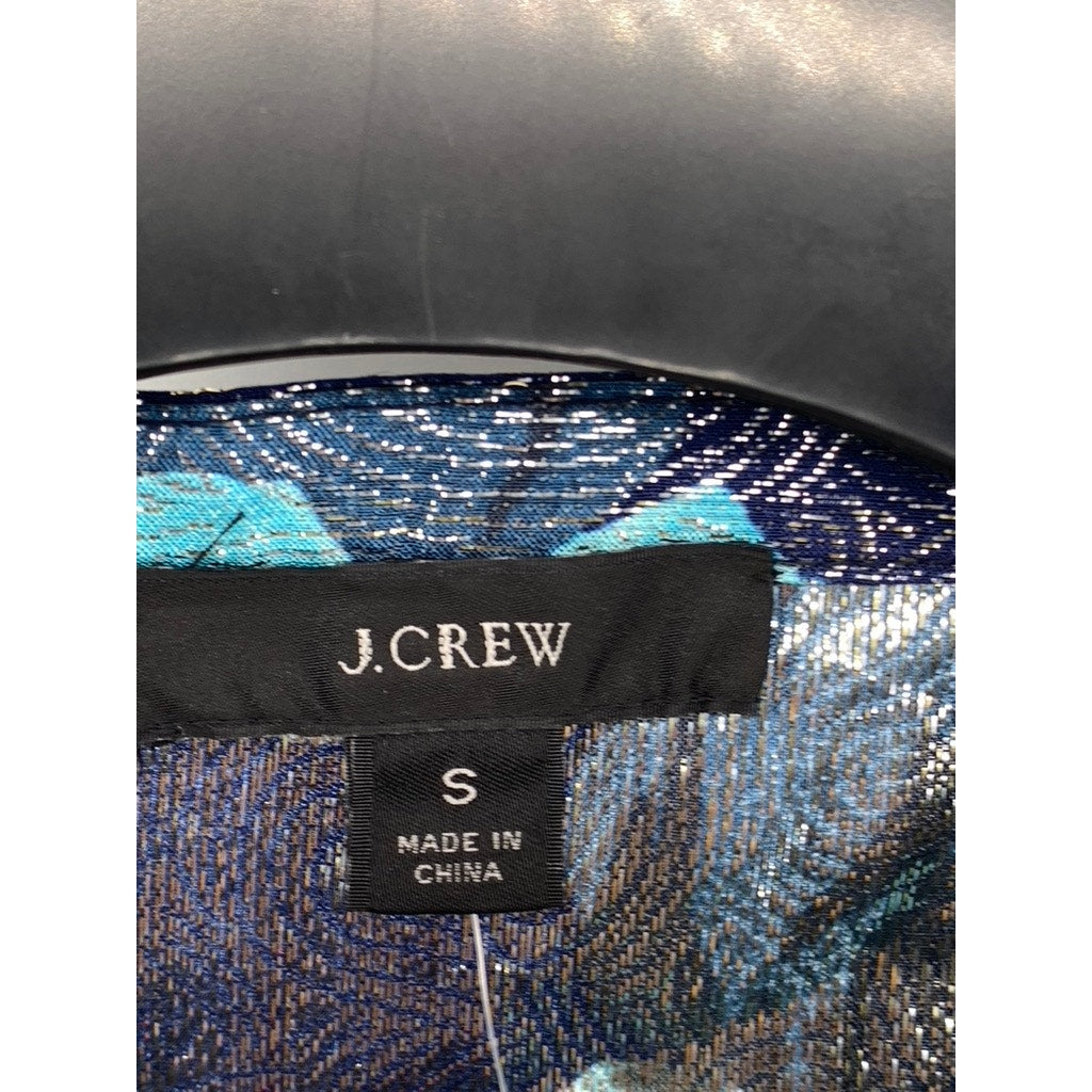 J.CREW Women's Blue Shimmer Floral Jacquard Ruffle-Front Top SZ S