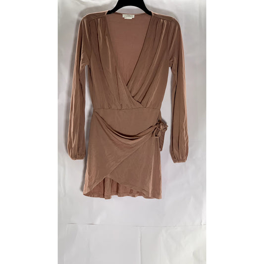LOVERS AND FRIENDS Women's Salmon Pink V-Neck Long Sleeve Wrap Mini Dress SZ XS