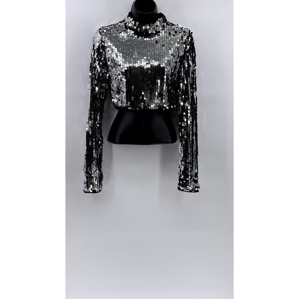 HOT & DELICIOUS Women's Silver-Black Sequin Cropped Long Sleeve Top SZ S
