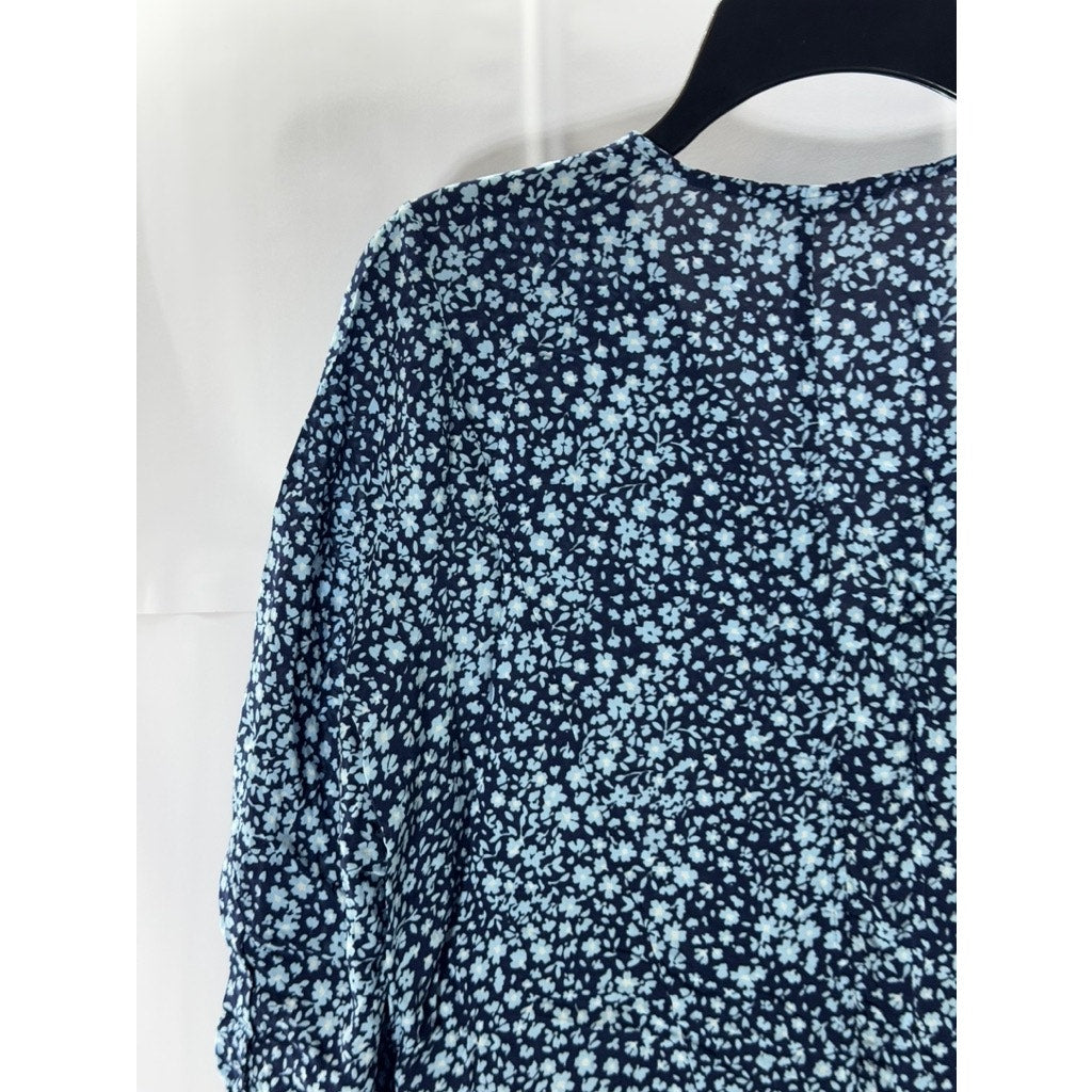 JIMMY KEY Women's Blue Floral V-Neck Surplice Ruffle 3/4 Sleeve Top SZ L