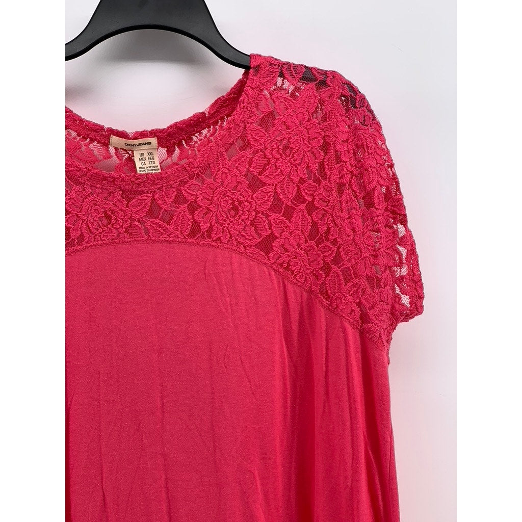 DKNY JEANS Women's Pink Floral Lace Shoulder Short Sleeve Tunic Top SZ 2XL