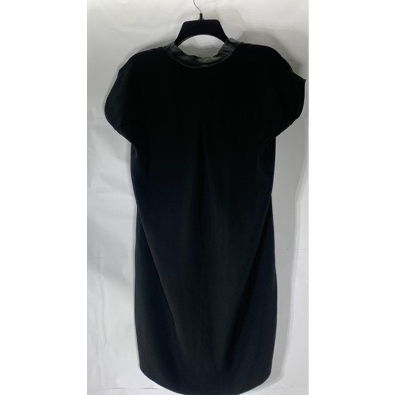 CALVIN KLEIN Women's Black Faux Leather Trim V-Neck Shift Round-Hem Dress SZ 6