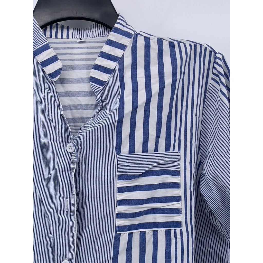 UNBRANDED Women's Blue-White Striped Button-Up Short Sleeve Top SZ L