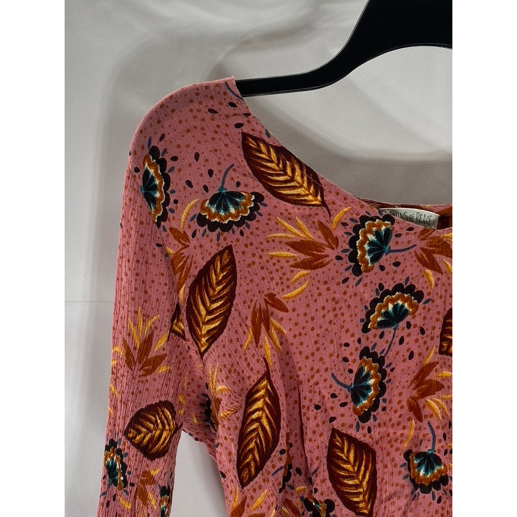 PATRONS OF PEACE Women's Pink Leaf Print Tie-Knot Front Long Sleeve Top SZ M