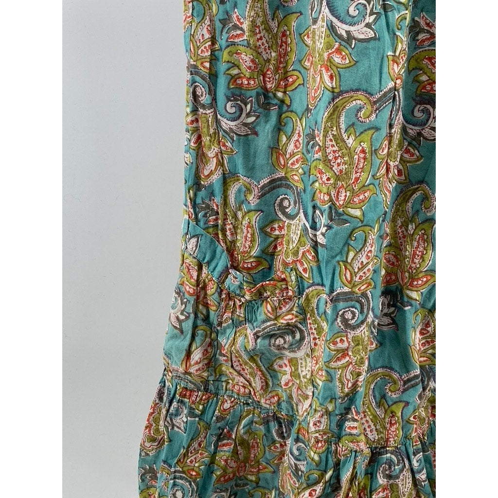 KUNDALINI Women's Green-Tan Printed Henley Short Sleeve Ruffle Hem Dress SZ S