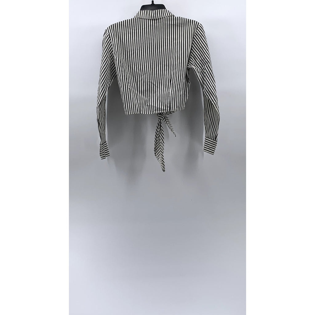 EXPRESS Women’s Black-White Striped Button-Up Tie-Front Cropped Top SZ S