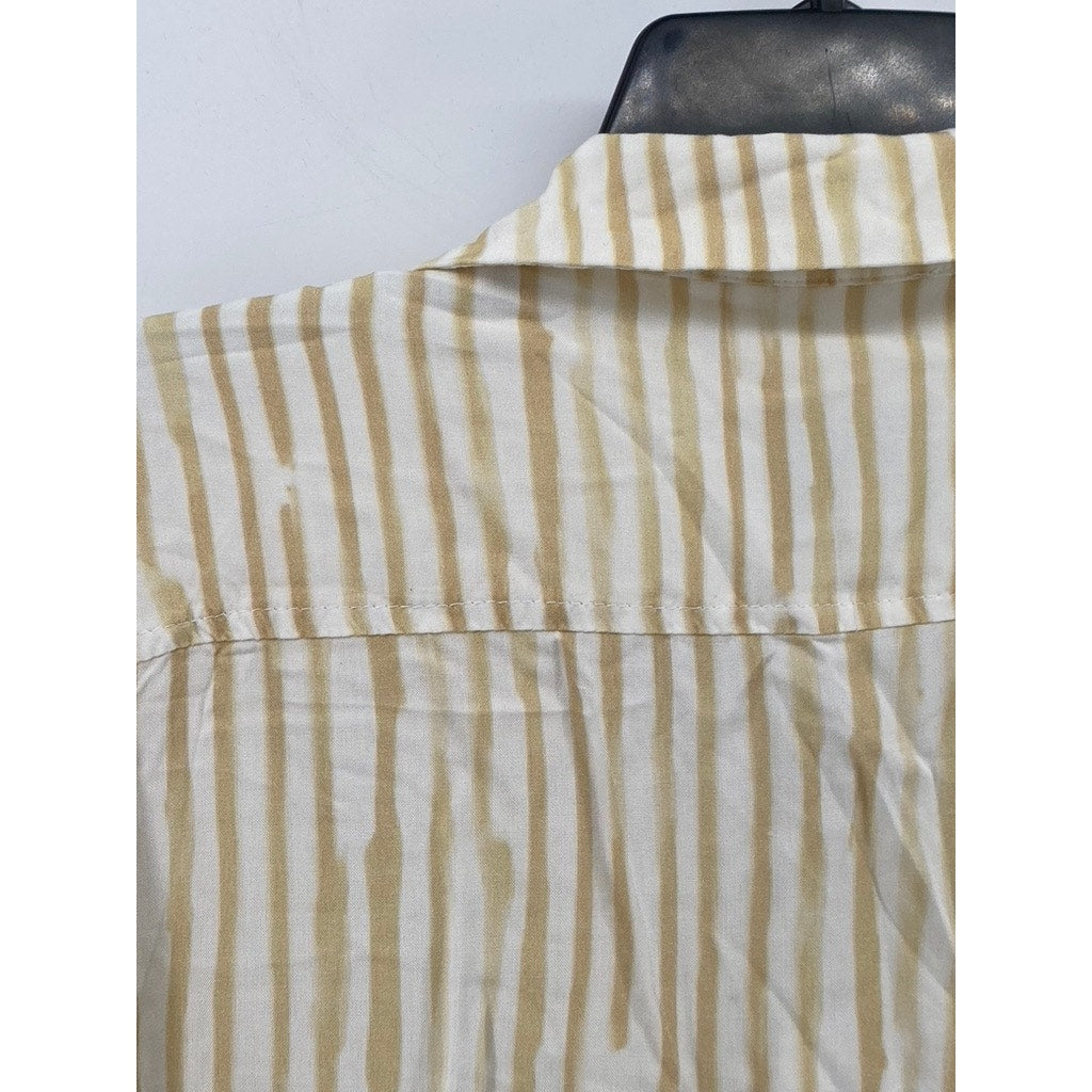 RHYTHM Men’s Camel Lily Stripes Cuban Button-Up Short Sleeve Shirt SZ L