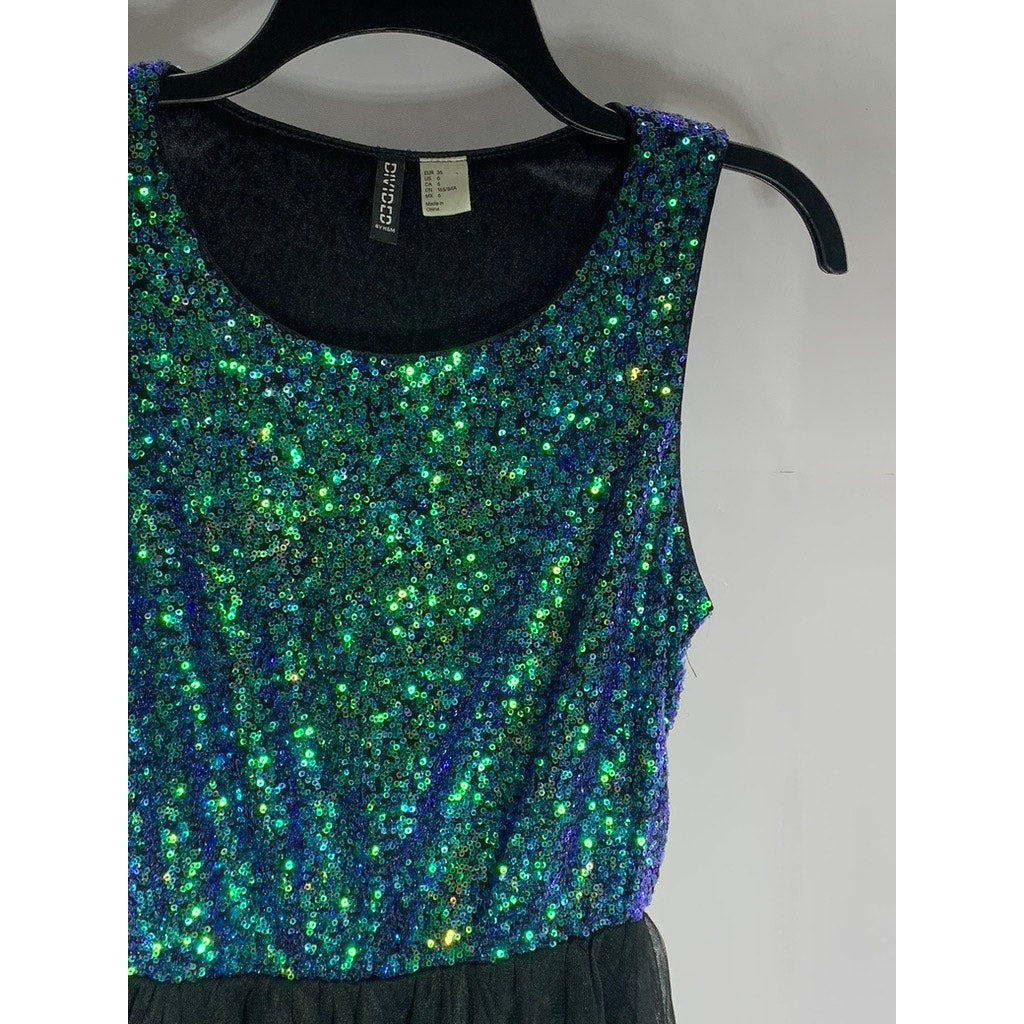 DIVIDED BY H&M Women's Blue/Black Sequin Embellished Crewneck Tulle Dress SZ 6