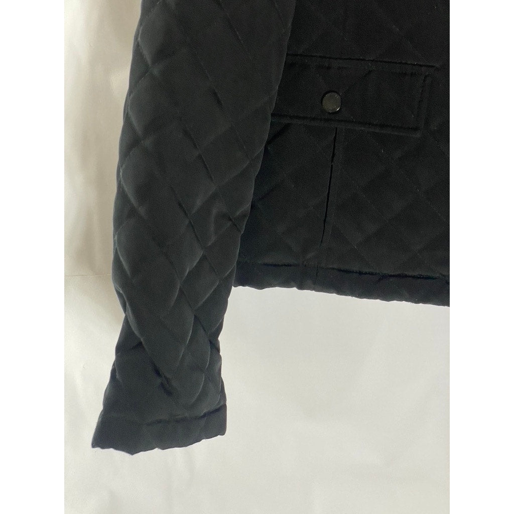 CALVIN KLEIN Women's Black Diamond Quilted Zip-Up Faux-Fur Hood Jacket SZ M