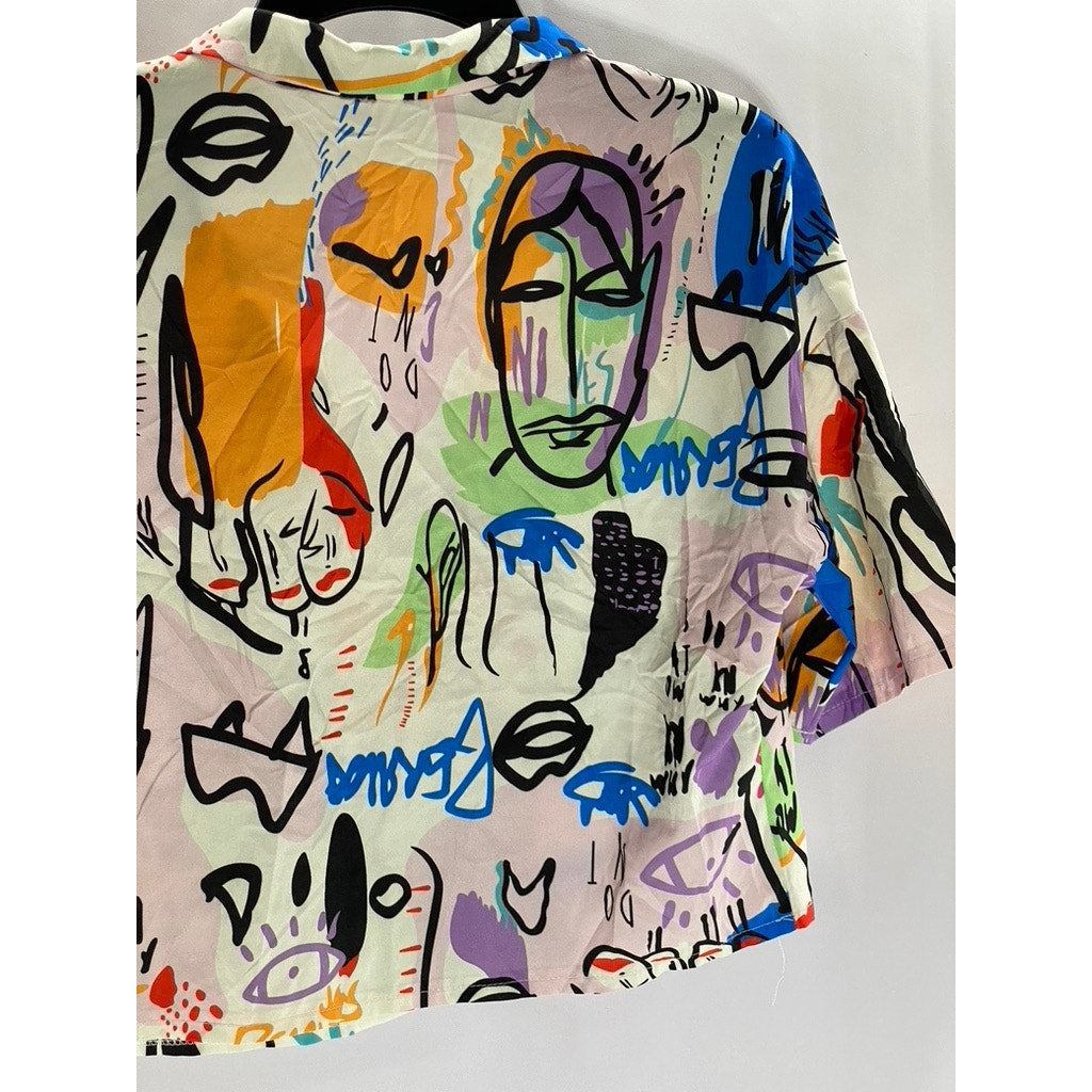 SHEIN Women's White/Multi Graffiti Graphic Button-Up Short Sleeve Crop Top SZ S